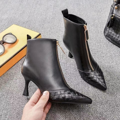 New Brand Quality Leather Chunky High Heels Ankle Boots Front Zipper Square Toe Dress Party Work Shoes