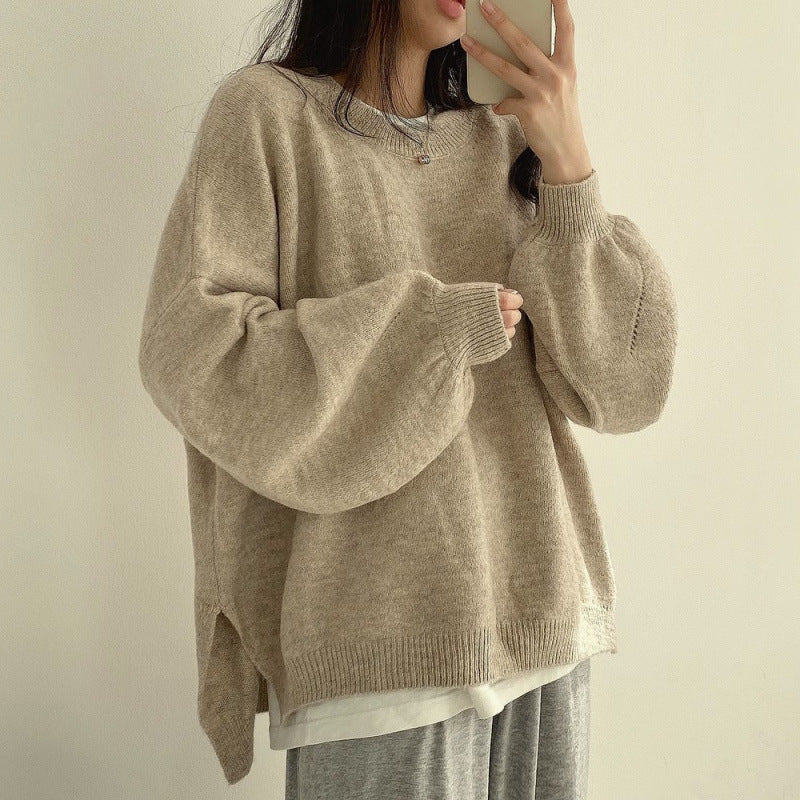 Elegant Lantern Sleeve Crew Neck Loose Pullover Sweater