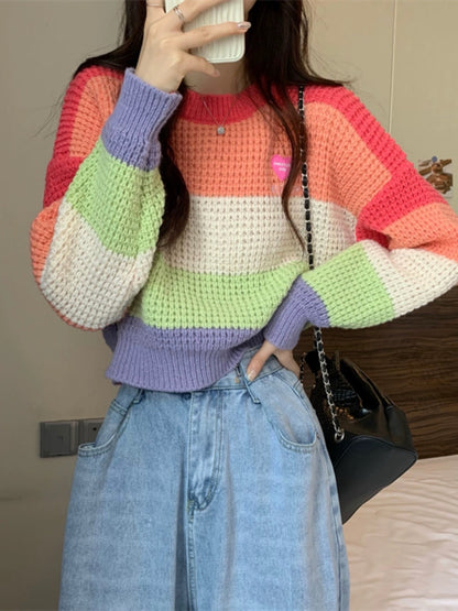 Bold Rainbow Stripe Color Block Knit Pullover Sweater