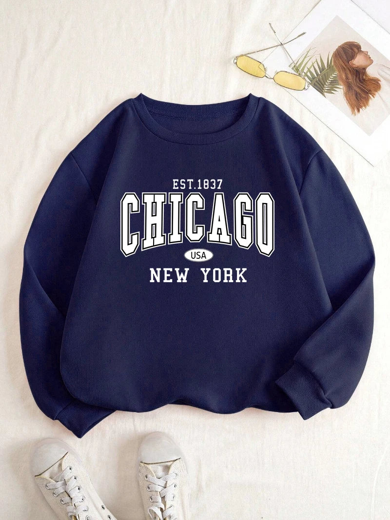 2025 Women’s Chicago New York USA Sweatshirt – White Letter Print Casual Hoodie for Winter