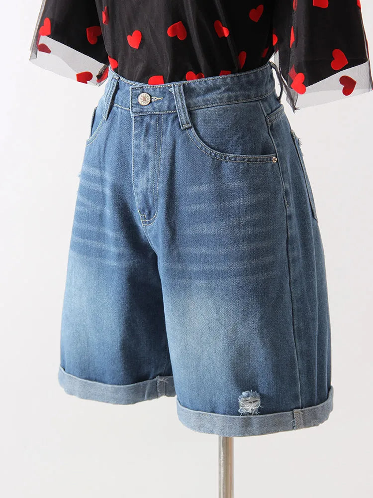 Women’s High Waist Ripped Denim Shorts – Wide Leg Summer Jean Shorts