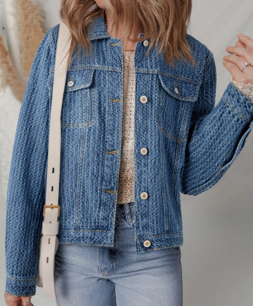 Heart Shape Pocket Retro Style Blue Denim Jacket Pant Set