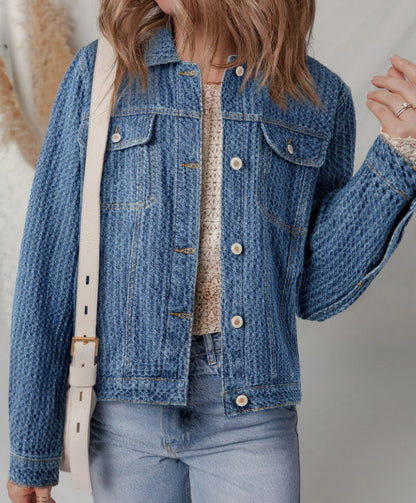 Heart Shape Pocket Retro Style Blue Denim Jacket Pant Set