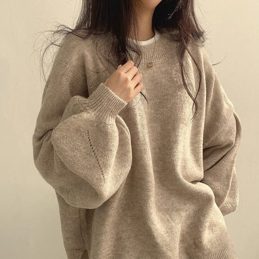 Elegant Lantern Sleeve Crew Neck Loose Pullover Sweater