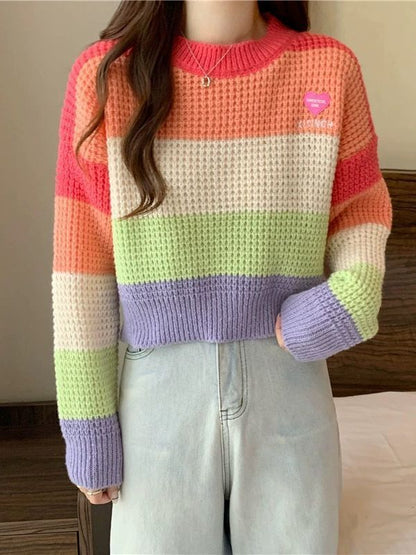 Bold Rainbow Stripe Color Block Knit Pullover Sweater