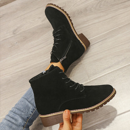 British-Style Suede Martin Boots for Women | Short Thick Heel Ankle Boots with Cotton Lining