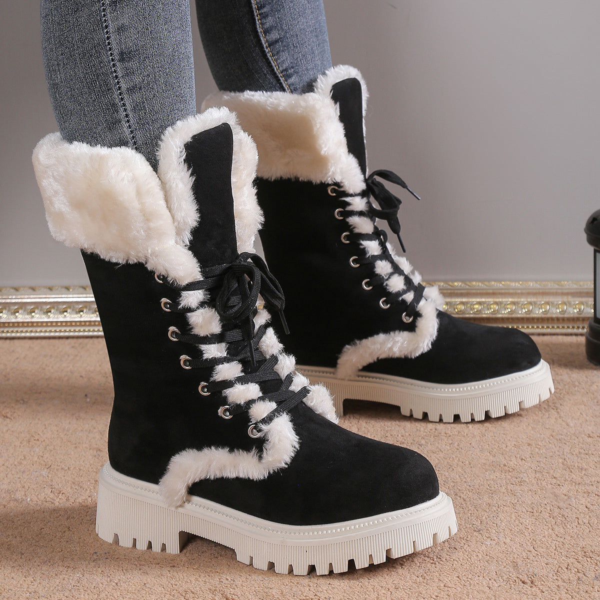 2025 Winter Plus Size Anti Skid Boots Thick Wool Warm Fashion Middle Boots Outdoor Snow Boots With Wedges For Women