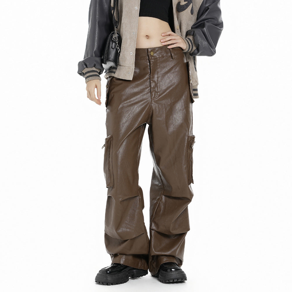 Tooling PU Leather Trousers – Mid-Waist Straight-Leg Unisex Pants