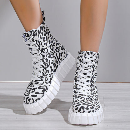 Leopard Print Platform Martin Boots for Women | Suede Mid-Heel Street Style Boots