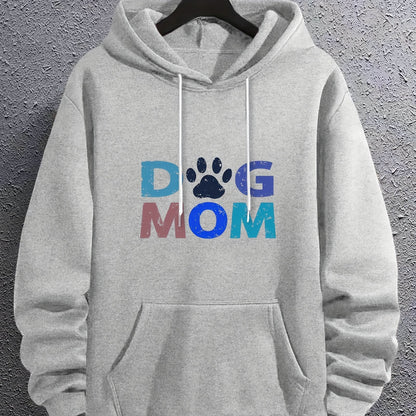 Men’s “DOG MOM” Letter Print Hoodie – Street Style Pullover with Kangaroo Pocket