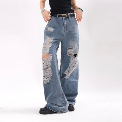 Unisex Ripped Denim Trousers – Mid-Waist Street Style Jeans