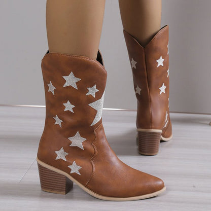 Embroidered Leather Knight Boots for Women | Chunky Heel Western Cowgirl Boots