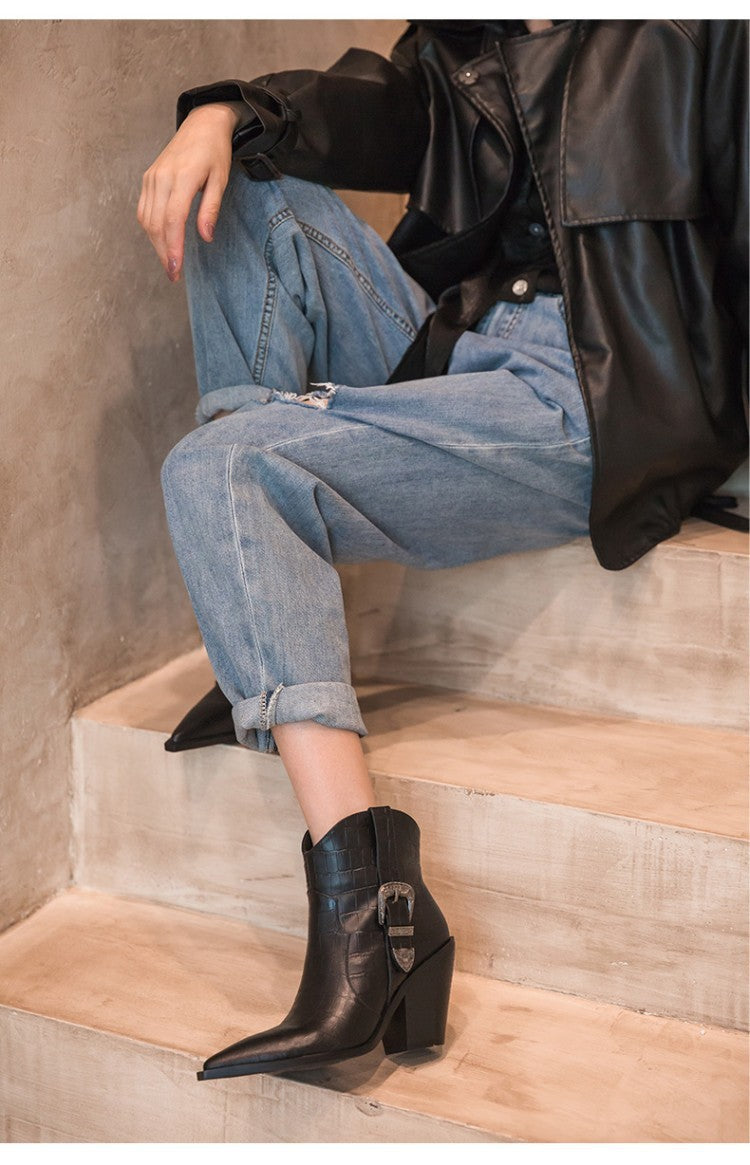 Metal Belt Buckle Thick Heel Women Winter Ankle Boots