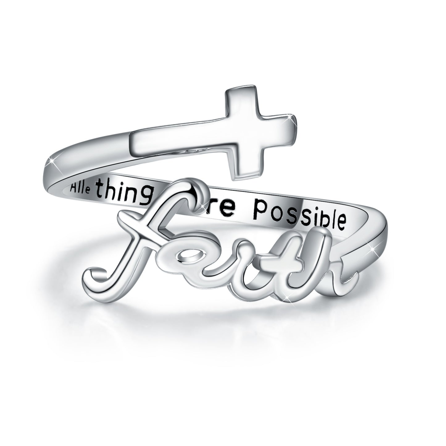 Adjustable Faith Ring – 925 Sterling Silver Cross Band with Cubic Zirconia & Inspirational Quote