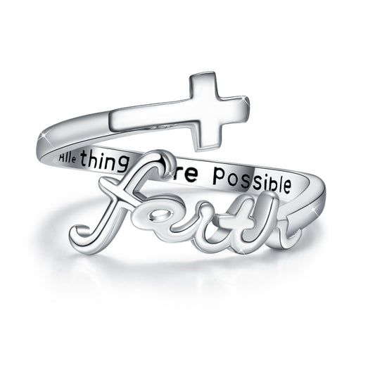 Adjustable Faith Ring – 925 Sterling Silver Cross Band with Cubic Zirconia & Inspirational Quote