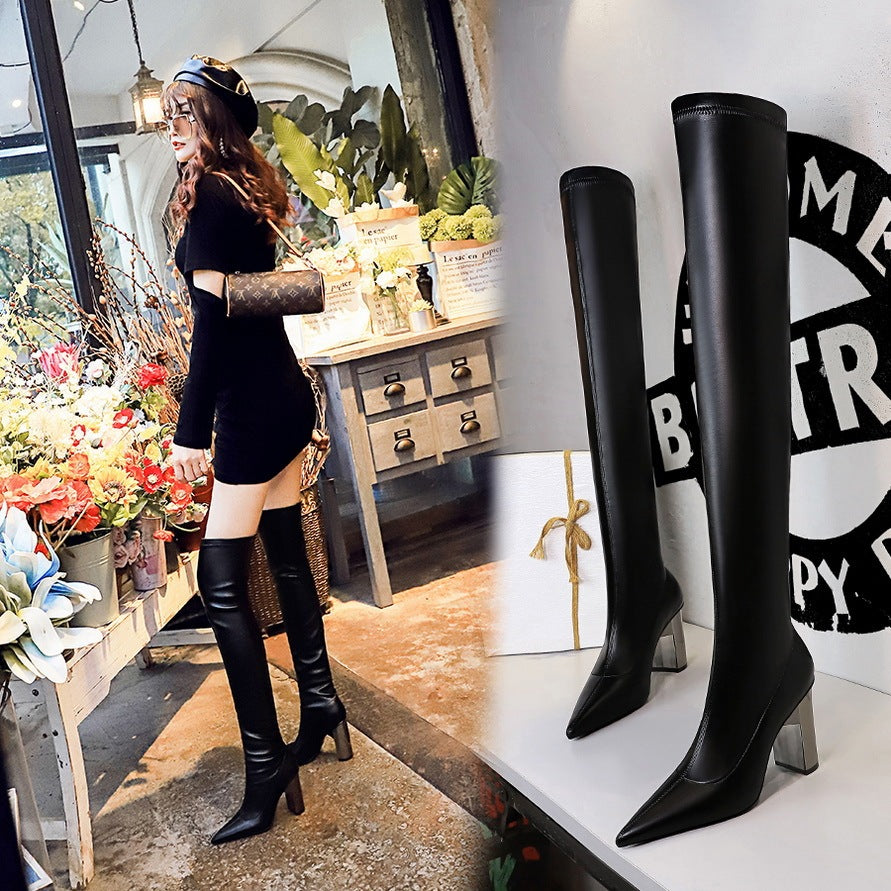 Womens Pointed Toe Knee High Boots Square Heels Retro Sewing Design For Winter 2025