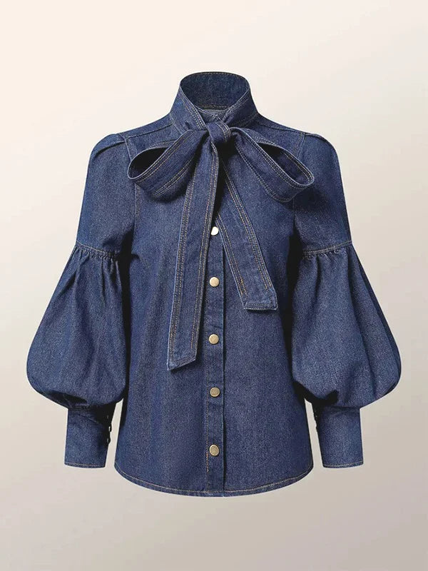 Trendy Imitation Denim Blouse for Women – Long Puff Sleeves, Bow-Embellished High Neck Shirt