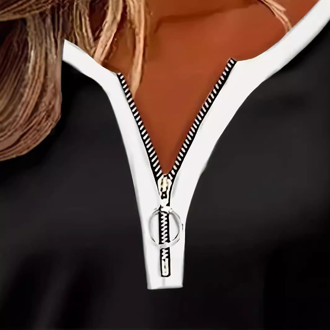 Women's V-collar Contrast Color Striped Loose Zip Long-sleeved T-shirt