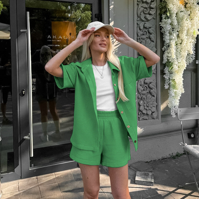 Waffle-Texture Loose Shirt & Shorts Two-Piece Outfit Set | Casual Summer Vibes Style 2025