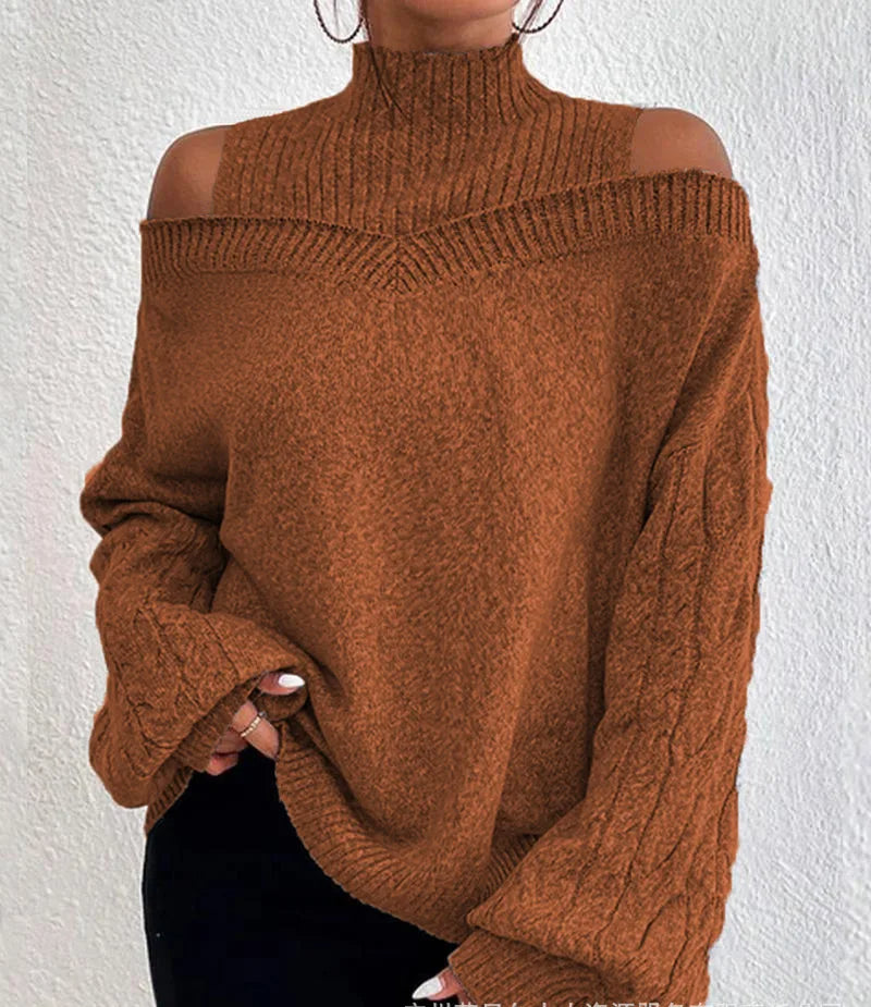 Off-Shoulder High Neck Sweater – European & American Style, Loose Fit Long Sleeve Knit Cardigan for Autumn & Winter