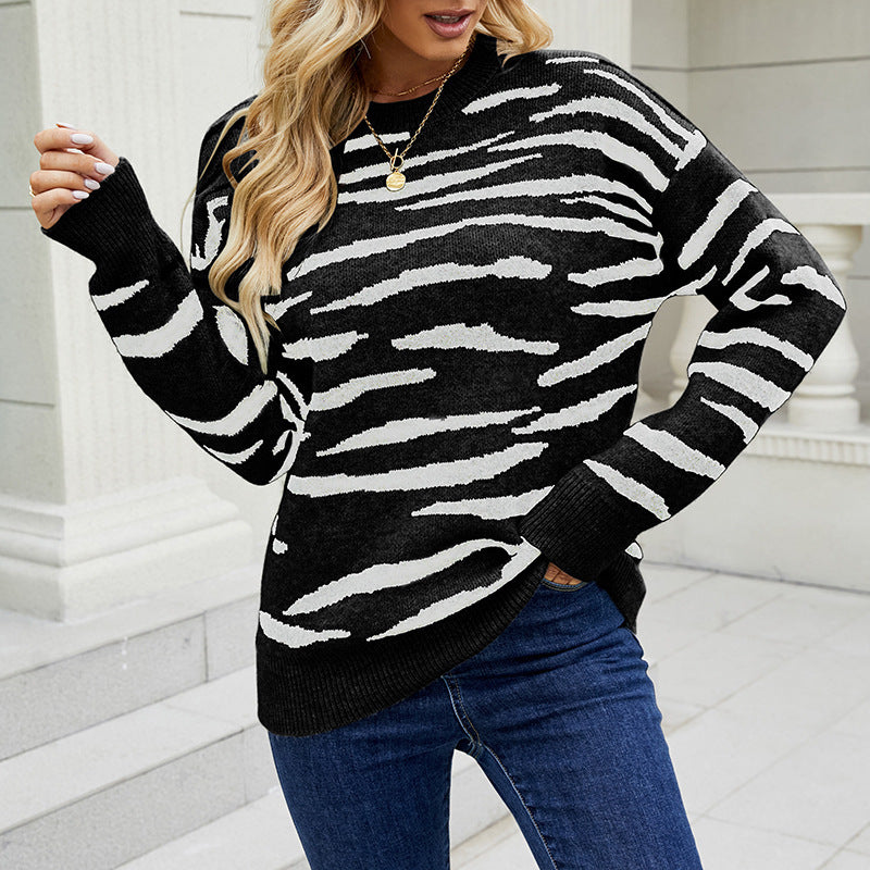 Autumn & Winter Striped Tiger Pattern Pullover Sweater for Women