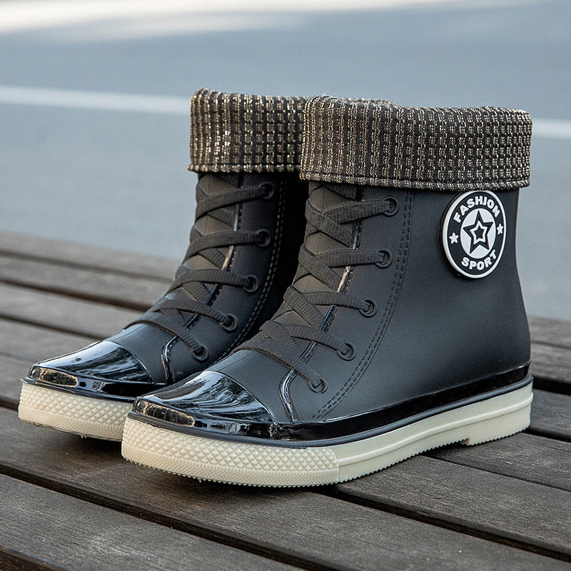 Chic Ankle-Length PVC Rain Boots for Women | Flat Heel Fleece-Lined Footwear