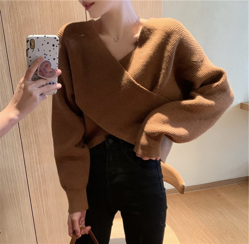 Batwing Sleeve Loose V-Neck Sweaters for Women – Cozy Pullover, Elegant Autumn & Winter Outfit