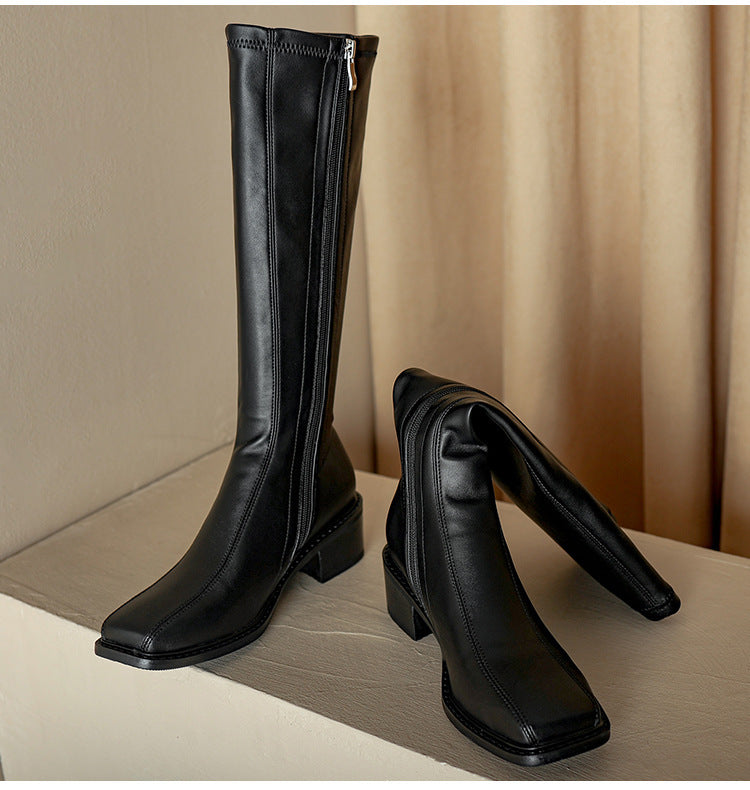 Vintage Knee-High Boots for Women | Thick-Heeled Knight Boots with Side Zipper