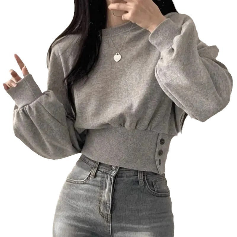Autumn Crew Neck Buttoned Short Pullover Sweatshirt for Women