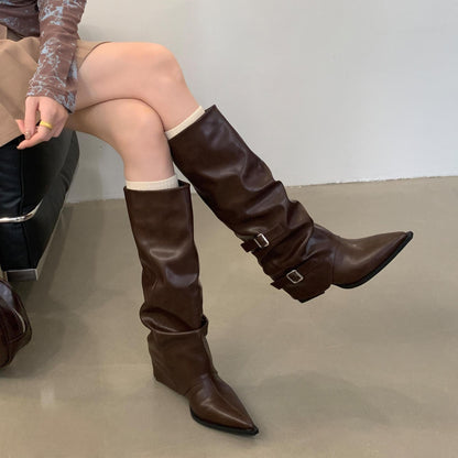 Buckle Design Square Mid Heel Women Knee High Boots