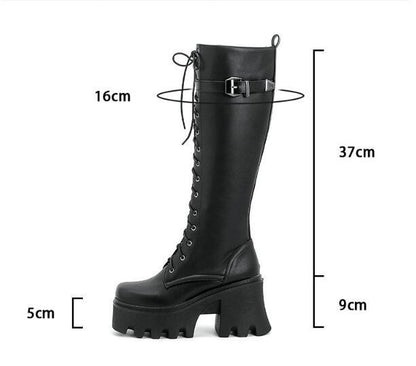 British-Style High PU Leather Knight Boots for Women | Square Toe High Heel Winter Boots