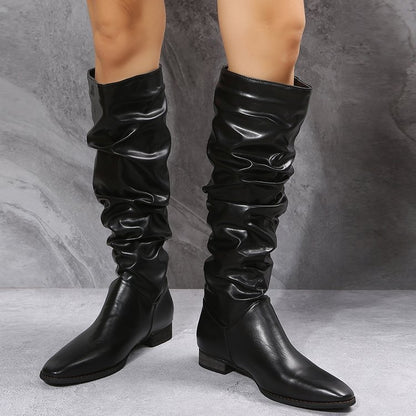 Pointed Toe Folding Tube Long Boots for Women | Chic Low Heel Winter & Fall Boots