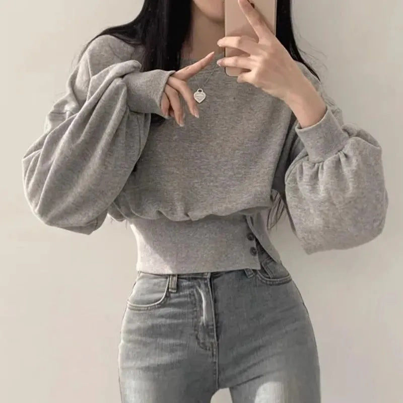 Autumn Crew Neck Buttoned Short Pullover Sweatshirt for Women