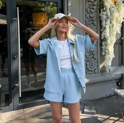 Waffle-Texture Loose Shirt & Shorts Two-Piece Outfit Set | Casual Summer Vibes Style 2025