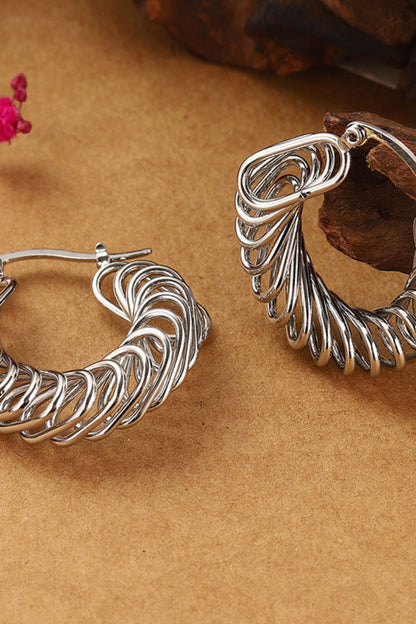 Silver hoop earrings on a brown surface with dried flowers and wood.