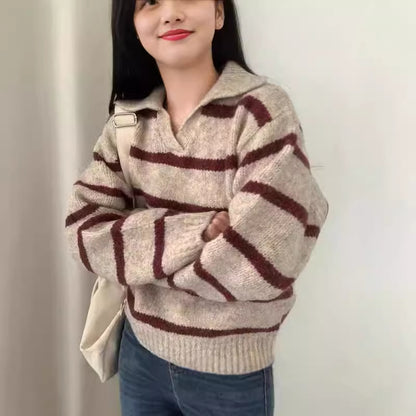 Fall & Winter Lapels Contrast Color Striped Pullover Sweater for Women