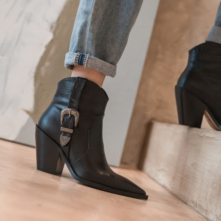 Metal Belt Buckle Thick Heel Women Winter Ankle Boots