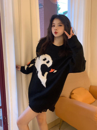 Loose Round Neck Pullover Sweet Wool Sweater – Elegant Black