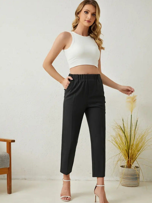 Elegant High Waisted Beige Trousers Stylish Office Fashion