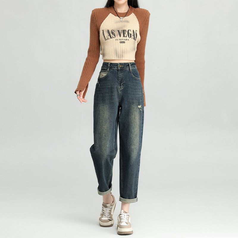 Water Washed Hole Harem Jeans for Women – Vintage Streetwear Style