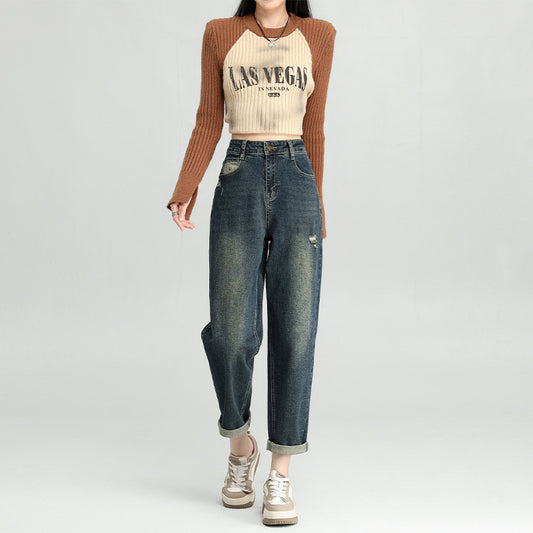 Water Washed Hole Harem Jeans for Women – Vintage Streetwear Style