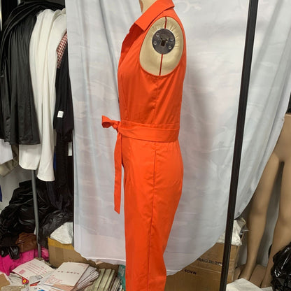 Womens Lapel Collar Jumpsuit 2025 European Style Lace Up Overalls High Cut Flare Pants Button Fly Casual Bodysuit