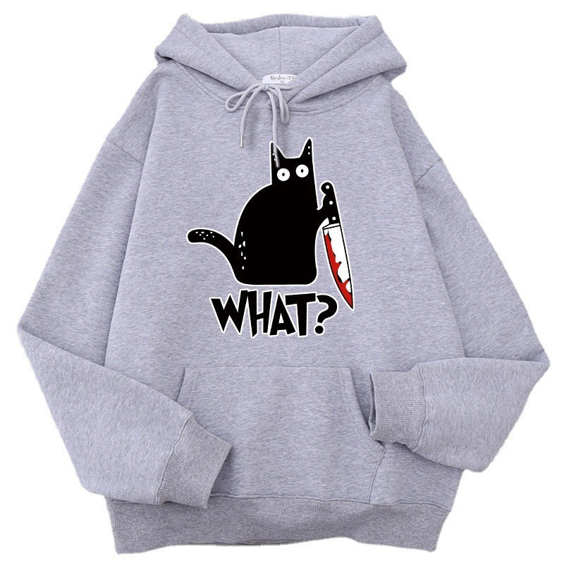 Cozy Style for Teens Killer Black Cat Patterned Wool-Lined Hoodies