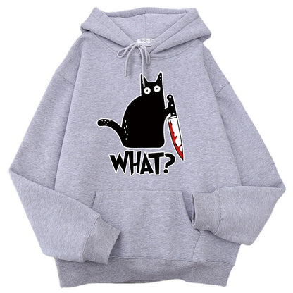 Cozy Style for Teens Killer Black Cat Patterned Wool-Lined Hoodies