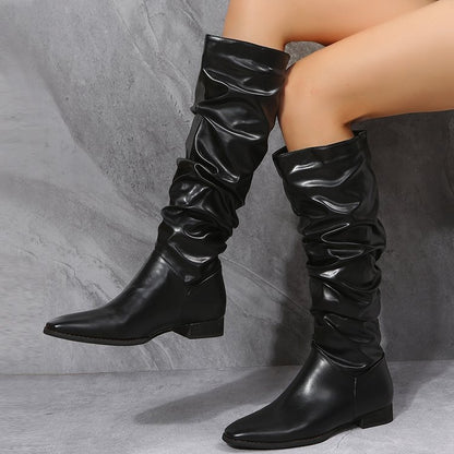 Pointed Toe Folding Tube Long Boots for Women | Chic Low Heel Winter & Fall Boots