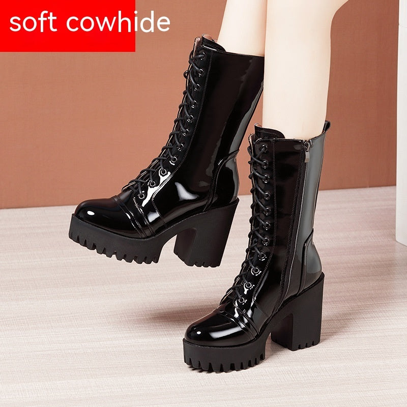 Womens Winter Mid Calf Boots Round Toe Zip Platform Lace Up Warm Boots For Women Comfortable Female Shoes