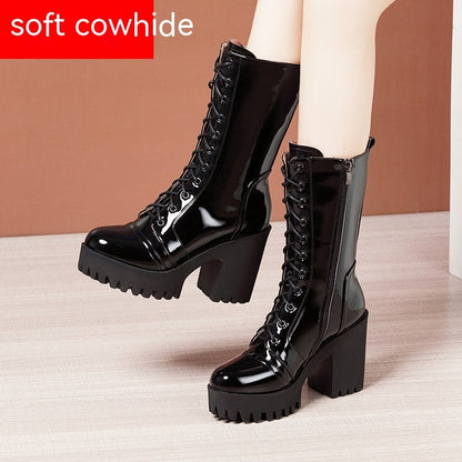Womens Winter Mid Calf Boots Round Toe Zip Platform Lace Up Warm Boots For Women Comfortable Female Shoes