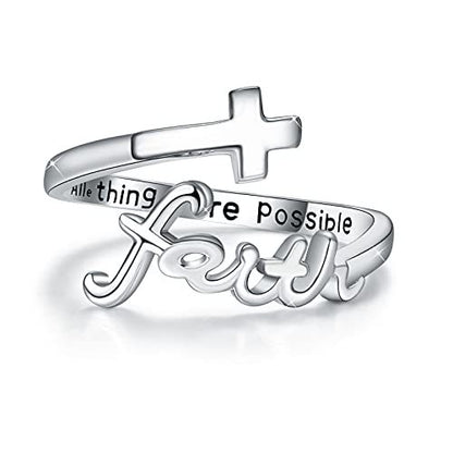 Adjustable Faith Ring – 925 Sterling Silver Cross Band with Cubic Zirconia & Inspirational Quote