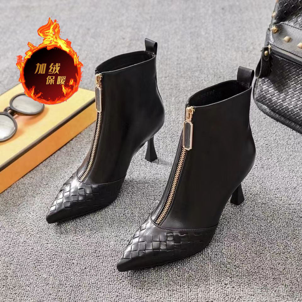 New Brand Quality Leather Chunky High Heels Ankle Boots Front Zipper Square Toe Dress Party Work Shoes