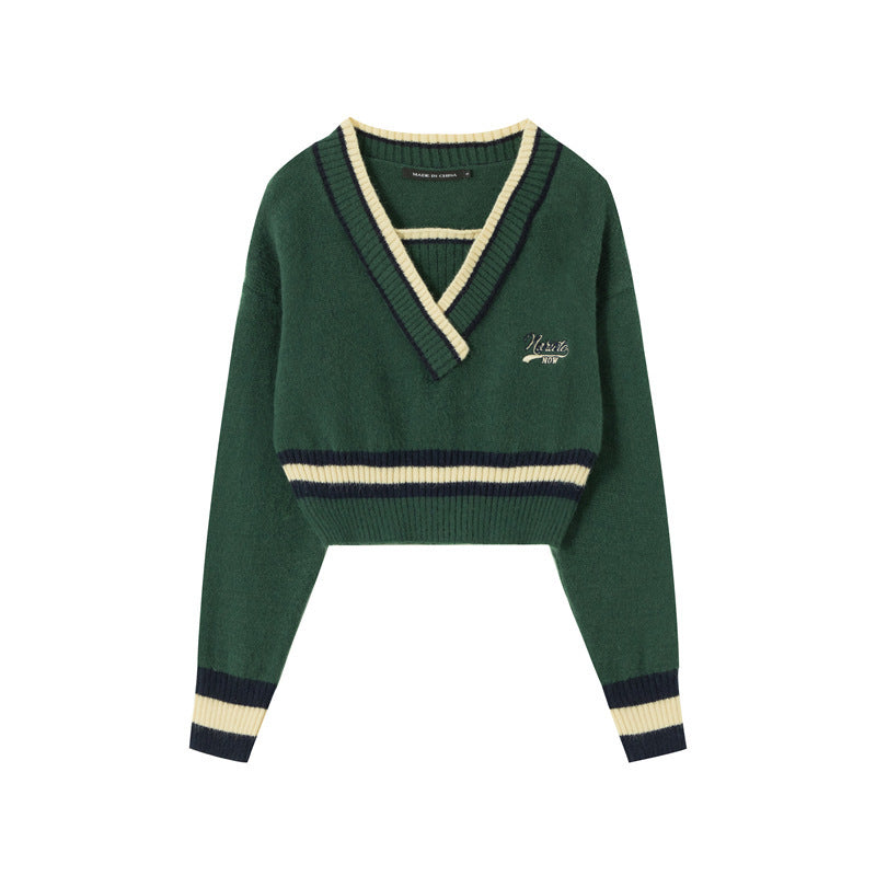 Two-Tone V-Neck Sweater for Women – Cute Oversized Pullover with Embroidery